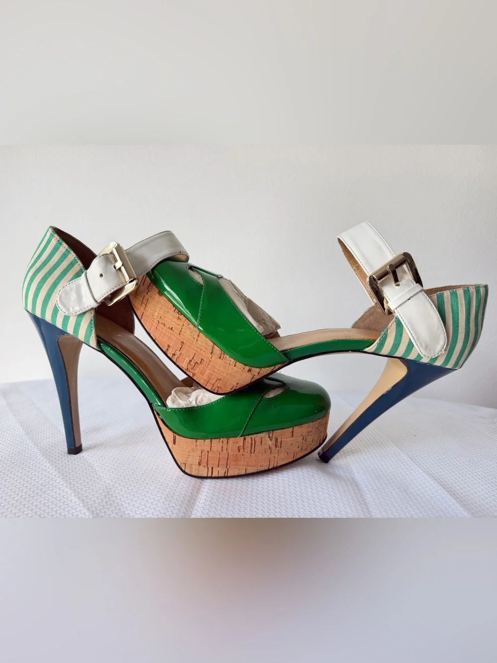 Nine West Vintage Green Patent Cork Platform Sandals w/White Buckle Straps